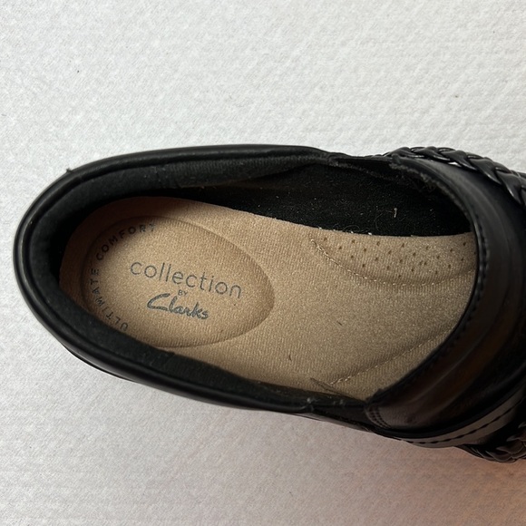 Clarks Black Leather Cora Braid Shoe Slip On Clog Loafer size 7 NARROW‎ - Picture 8 of 9